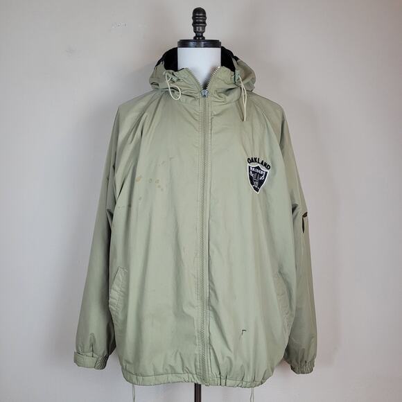 Vintage Pro Player Jacket Mens XXL Khaki Oakland Raiders Zip Hooded 90s WORN - Picture 1 of 16